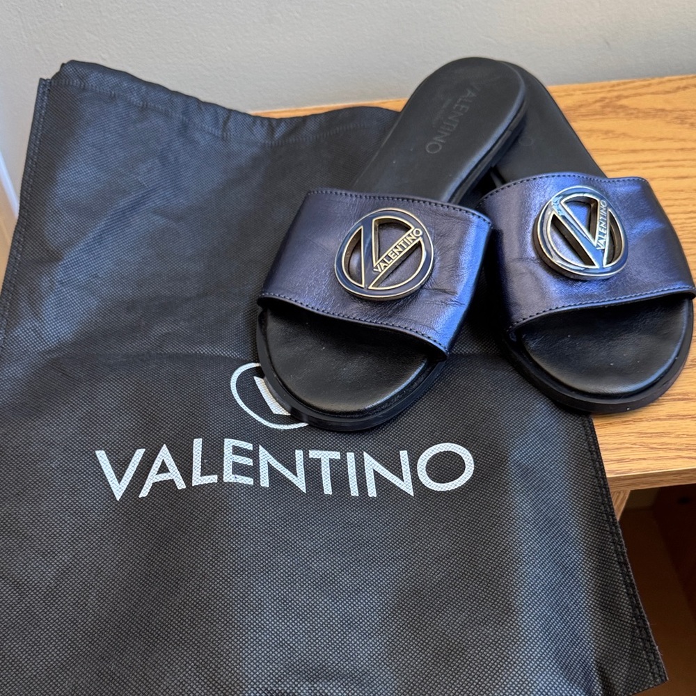 Valentino Black and Metallic Blue Slide Sandals